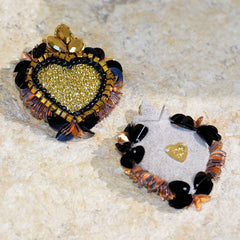 Hand-Beaded Heart Earrings - Black/Gold/Bronze
