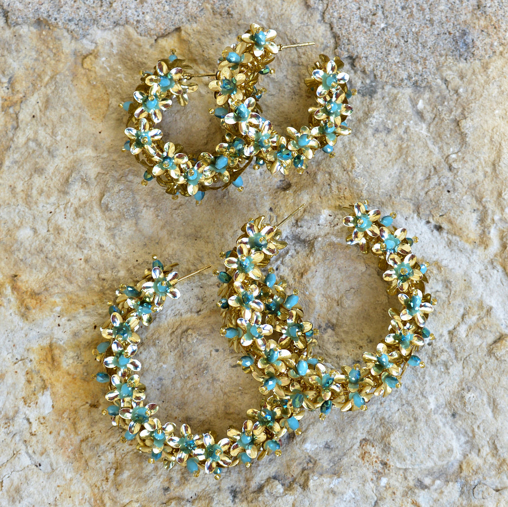 Hand-Beaded Hoop Flower Earrings - Large Blue and Gold