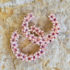 Hand-Beaded Hoop Flower Earrings - Large Coral