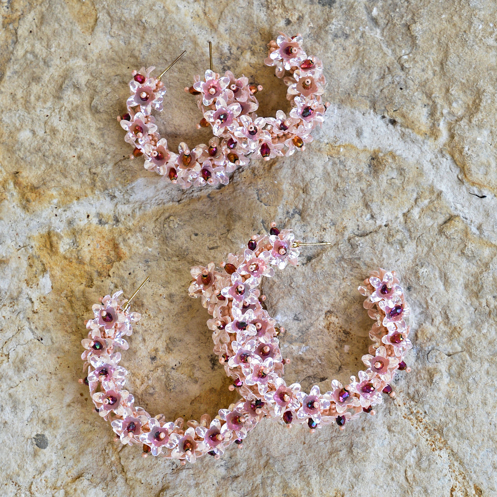 Hand-Beaded Hoop Flower Earrings - Small Coral