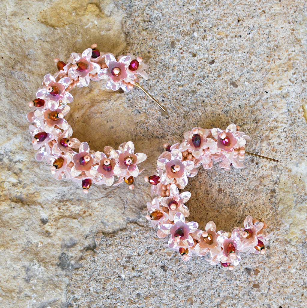 Hand-Beaded Hoop Flower Earrings - Small Coral