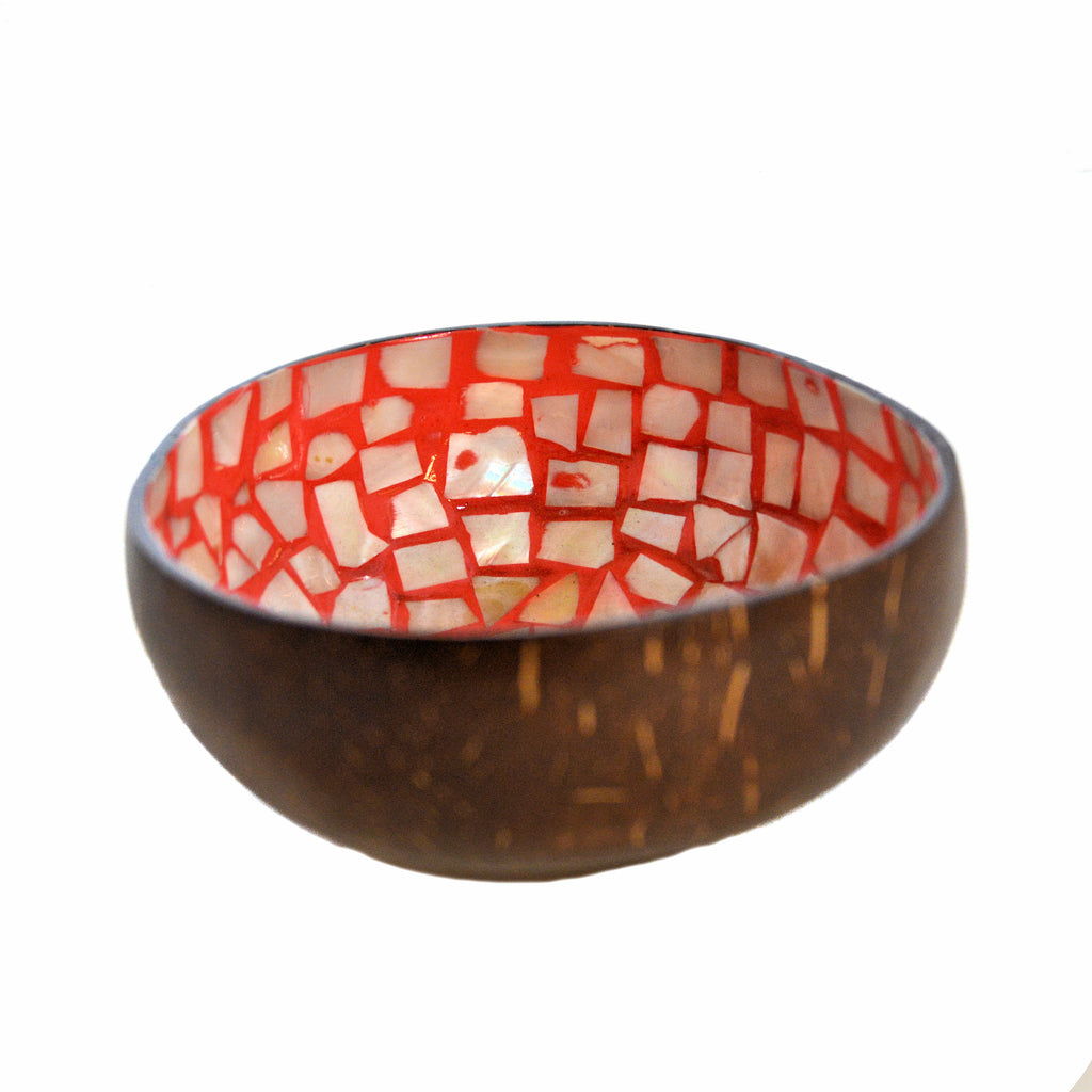 Eggshell and Mother of Pearl Lacquered Coconut Shell Bowls - Red and White