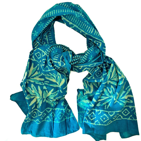 Batik Print Cotton Scarf (Light Blue Leaf)