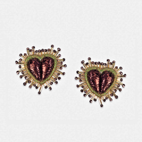 Olivia Dar Mini Sparkle Heart Earrings - Bronze & Khaki