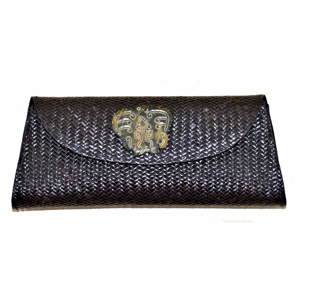 Black Rattan and Snake Skin Clutch with Soapstone Medallion (Green Medallion)
