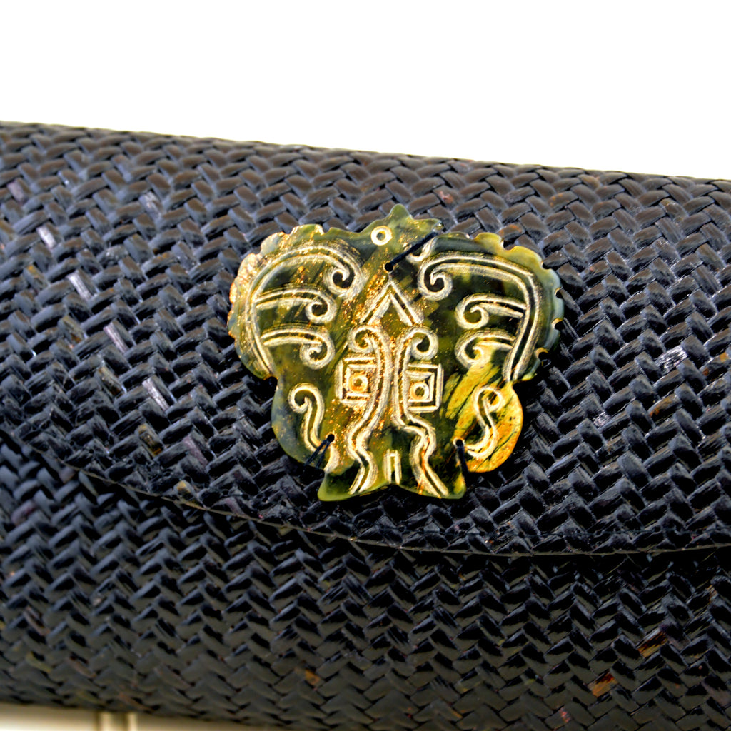 Black Rattan and Snake Skin Clutch with Soapstone Medallion (Green Medallion)