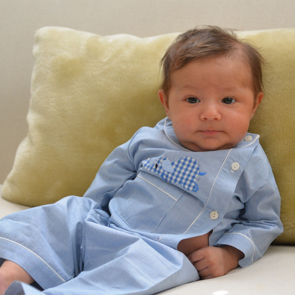 Cotton Pajamas - Blue with Red Gingham Laying Elephant and Red Gingham Piping (3 Months)