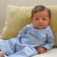 Cotton Pajamas - Blue with Red Gingham Elephant and Red Gingham Piping (6 Months)