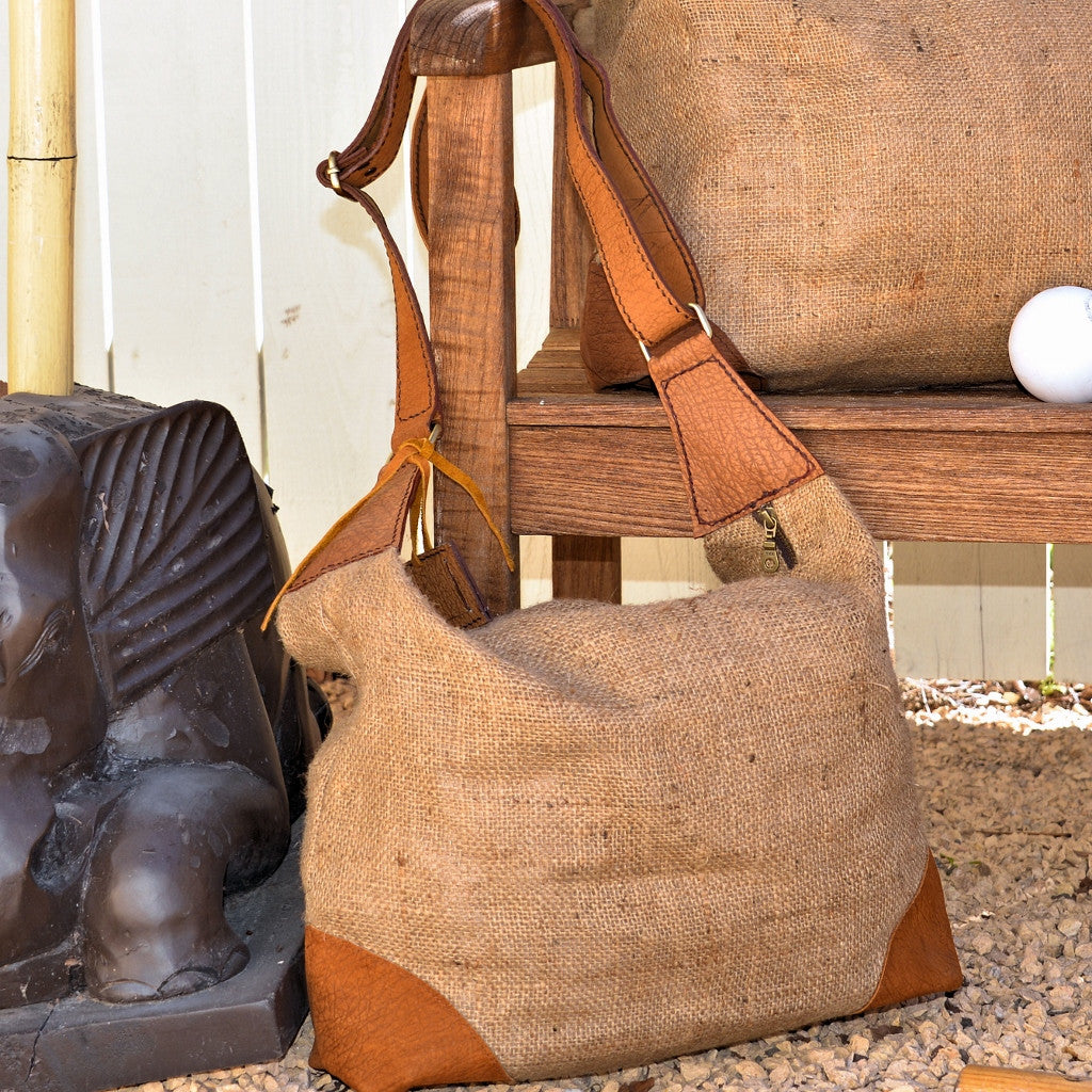 Burlap and Leather Duffel & Tote Bags