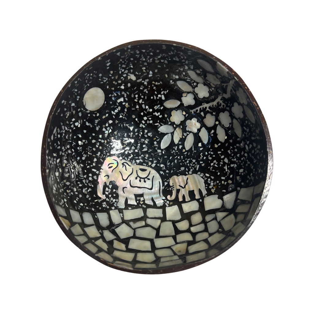 Eggshell & Mother of Pearl Lacquered Coconut Shell Bowl w/Elephant Black/White
