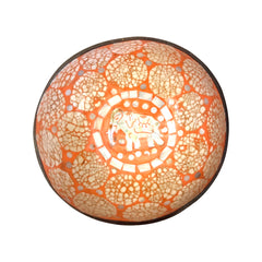 Eggshell and Mother of Pearl Lacquered Coconut Shell Bowl w/Elephant Orange/White
