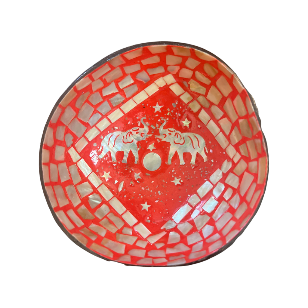 Eggshell & Mother of Pearl Lacquered Coconut Shell Bowl w/Elephant Red/White