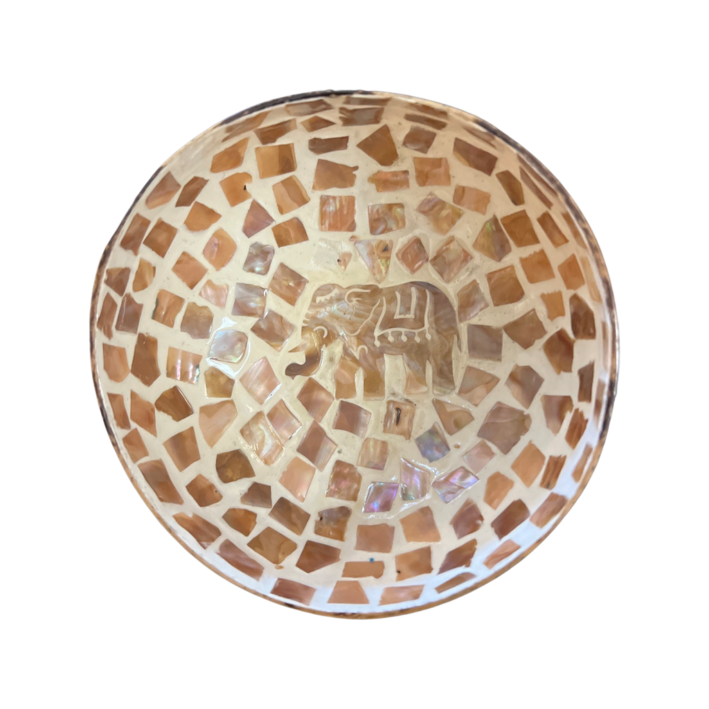 Eggshell & Mother of Pearl Lacquered Coconut Bowl w/Elephant Brown/Tan