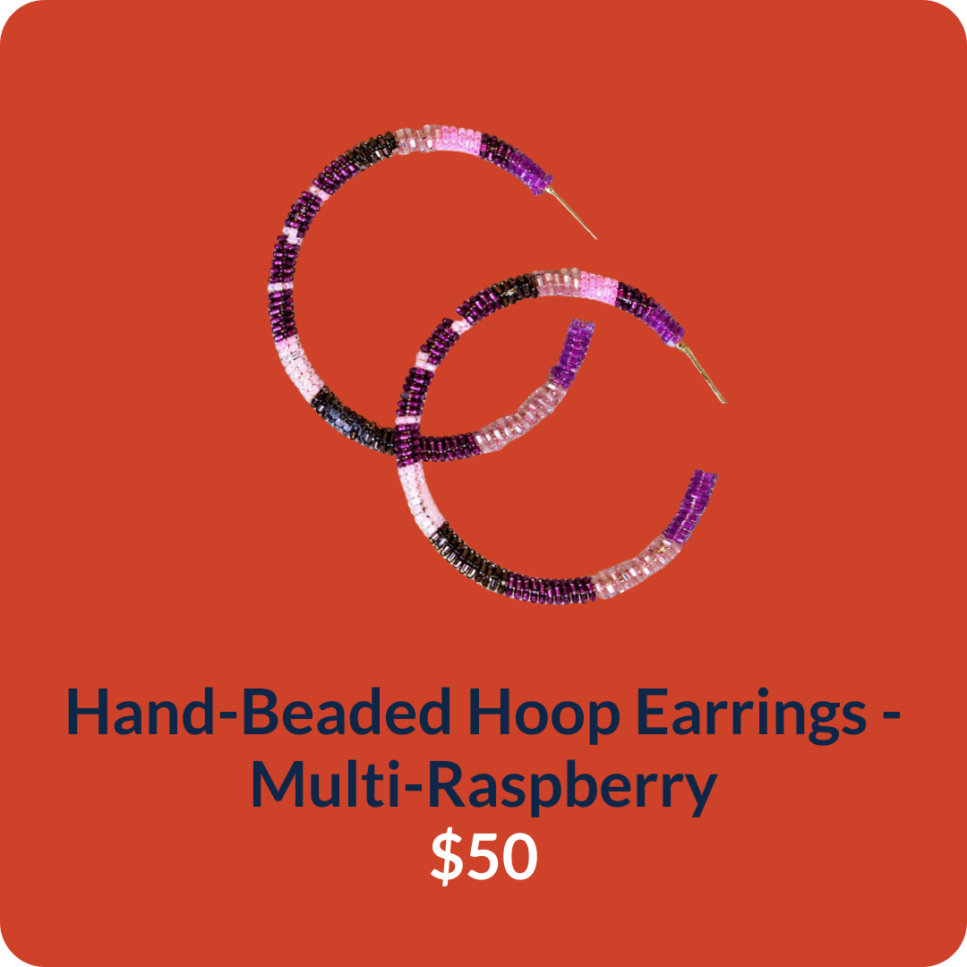 Hand-Beaded Hoop Earrings - Multi-Raspberry