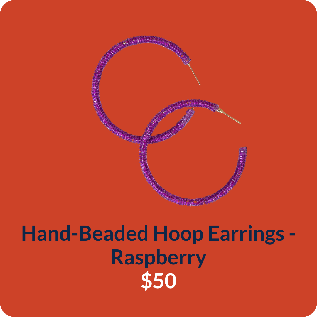 Hand-Beaded Hoop Earrings - Raspberry