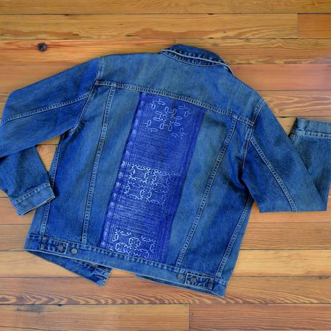 Jean Jacket with Vintage Hill Tribe Fabric (Mens X-Large)