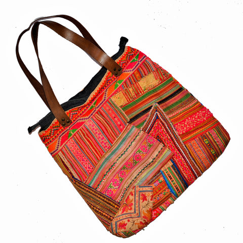 Hill Tribe Bag with Vintage Hmong Fabric and Leather Straps