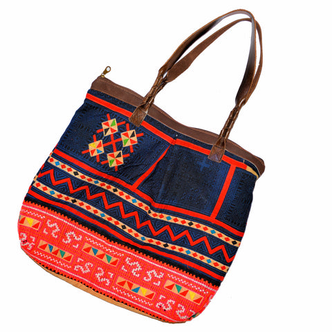 Hill Tribe Bag with Vintage Hmong Fabric and Leather Straps