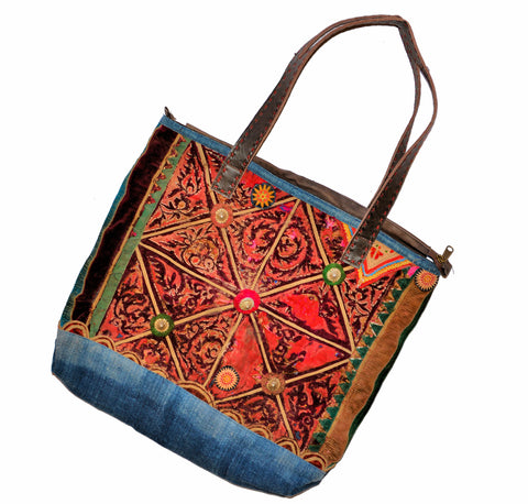Hill Tribe Bag with Vintage Hmong Fabric and Leather Straps