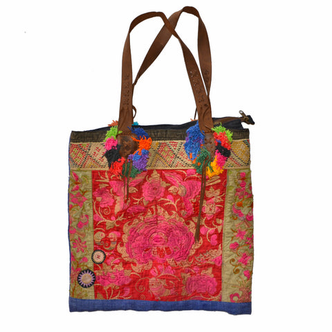 Hill Tribe Bag with Vintage Hmong Fabric and Leather Straps