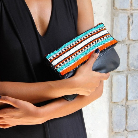 Olivia Dar Black Leather Clutch with Beading and Strap
