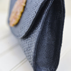Black Rattan and Snake Skin Clutch with Soapstone Medallion (Tan Medallion)
