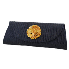 Black Rattan and Snake Skin Clutch with Soapstone Medallion (Tan Medallion)