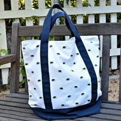 Elephant Print Tote Bag with Blue Trim