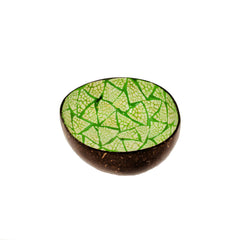 Eggshell Lacquered Coconut Shell Bowls - Lime Green and White Triangle Pattern