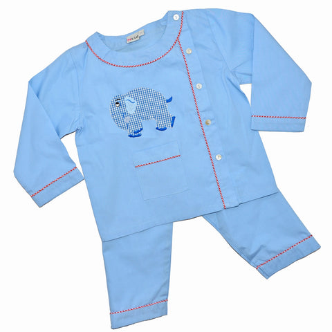 Cotton Pajamas - Blue with Blue Gingham Standing Elephant and Red Gingham Piping (4 Year)