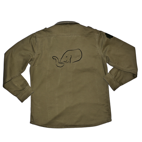 Olive Military Style Shirt with Elephant Embroidery