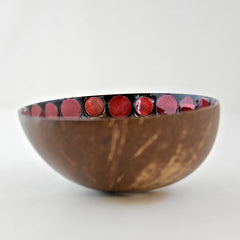Oyster Shell Lacquered Coconut Bowl - Red Circles