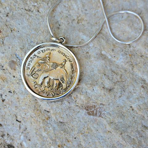 Thai King Rama V Gold Plate Sterling Silver Coin Pendant with Necklace