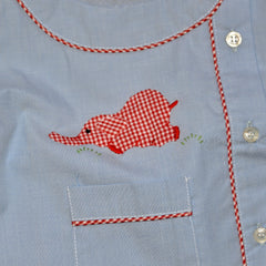 Cotton Pajamas - Blue with Red Gingham Laying Elephant and Red Gingham Piping (3 Months)