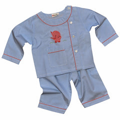Cotton Pajamas - Blue with Red Gingham Elephant and Red Gingham Piping (6 Months)