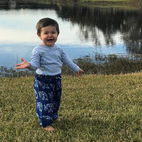 Childrens Elephant Print Pants - Blue & White
