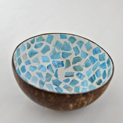 Oyster Shell Lacquered Coconut Bowl - Light Blue & Cream