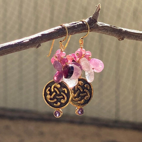 Mixed Gems and Emblem Dangle Earrings