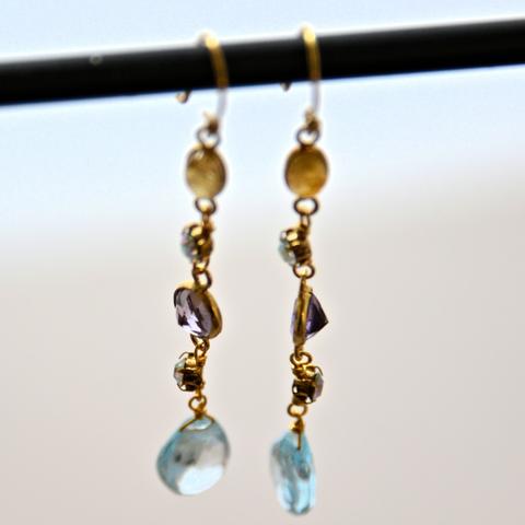 Topaz and Amethyst Gemstone Gold Plate Dangling French Hook Earrings