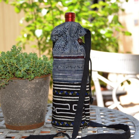Hill Tribe Fabric Drawstring Wine Bottle Holder (Blue)
