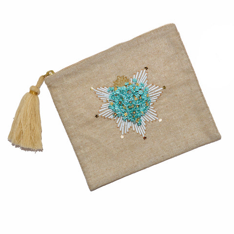 Hand-Beaded Hand Pouch/Clutch - 3-D Mint Heart