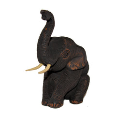 Wood Carved Elephant Figure (Sitting on Hip with Trunk Up)
