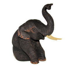 Wood Carved Elephant Figure (Sitting on Hip with Trunk Up)