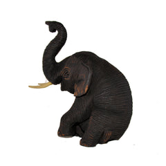 Wood Carved Elephant Figure (Sitting on Hip with Trunk Up)