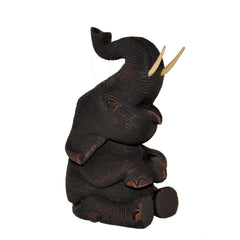 Wood Carved Elephant Figure (Sitting, Head up with Trunk Up)