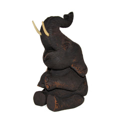 Wood Carved Elephant Figure (Sitting, Head up with Trunk Up)