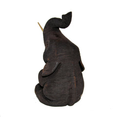 Wood Carved Elephant Figure (Sitting, Head up with Trunk Up)