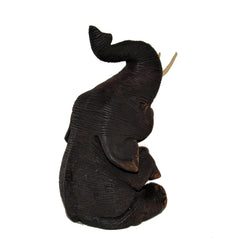 Wood Carved Elephant Figure (Sitting, Head up with Trunk Up)