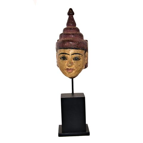 Antique Burmese Puppet Head on Stand (Small Man with Thai Hat)