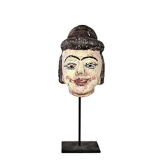 Antique Burmese Puppet Head on Stand (Medium Man with Bowl Hat)